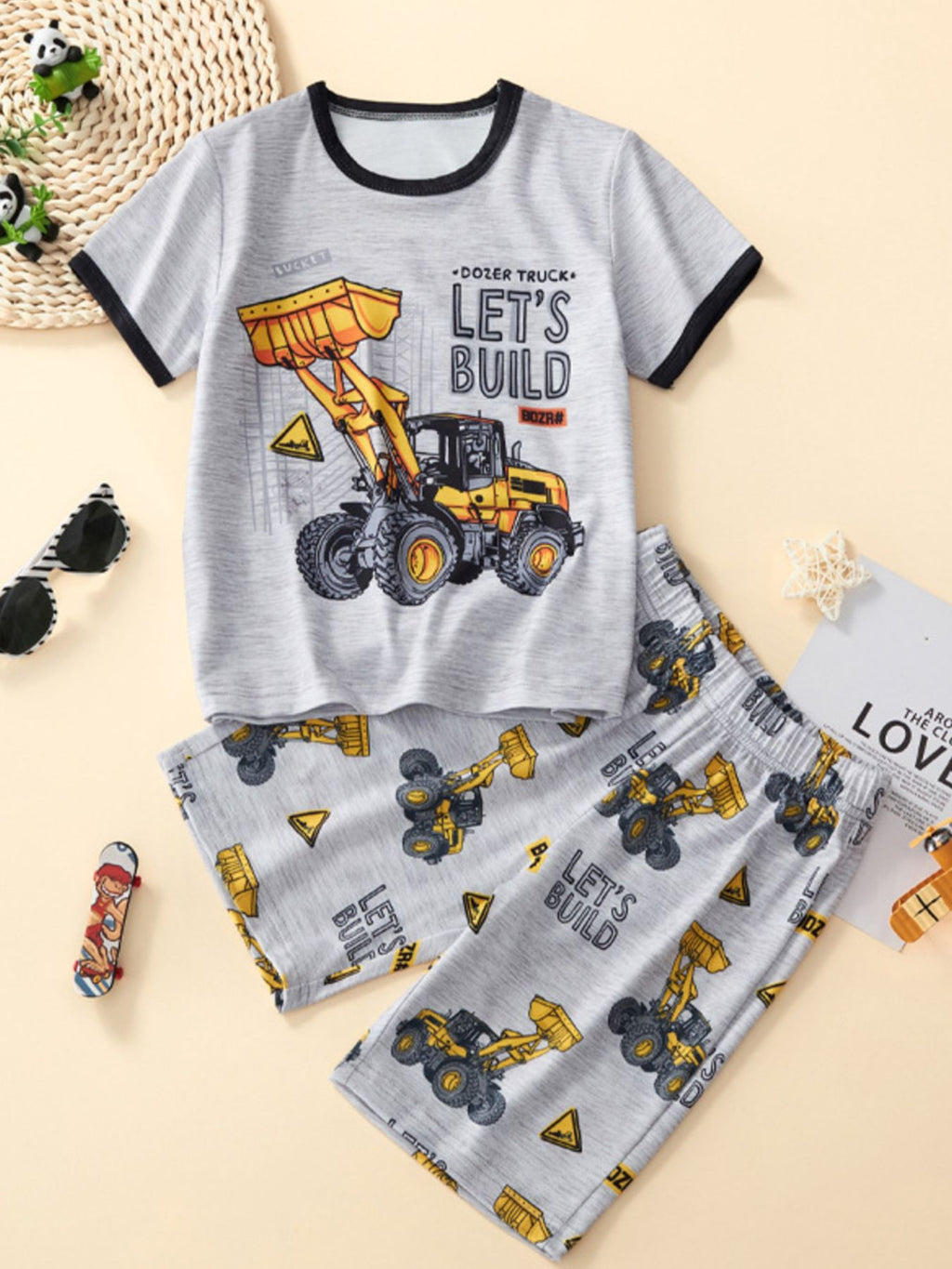 “Boys bulldozer print tee and shorts 2‑piece outfit