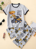 “Boys bulldozer print tee and shorts 2‑piece outfit