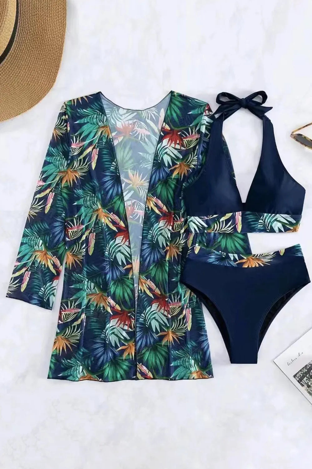 Women's black printed halter neck 3-piece swim set, front view