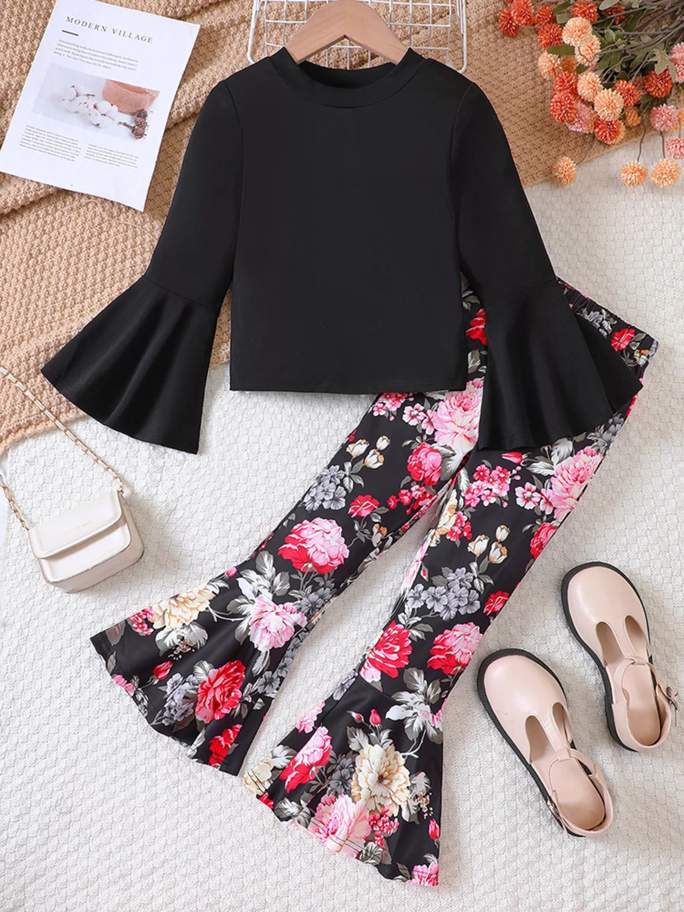 “Girls floral flare pants outfit with solid black top, 2‑piece set”