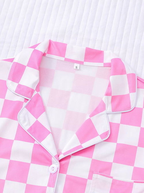 Close-up of checkered pattern on women's lounge set top