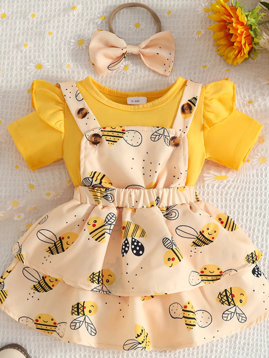 “Bee print baby girl outfit with ruffle bodysuit, dress, and headband