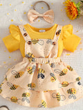 “Bee print baby girl outfit with ruffle bodysuit, dress, and headband