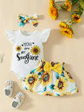 “Sunflower baby girl outfit with ruffled bodysuit, skirt, and headband”