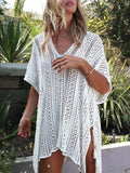 Women's white crochet knit V-neck beach cover-up, front view