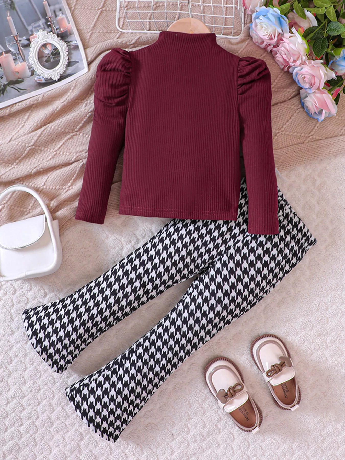 “Girls houndstooth pants and long sleeve top outfit