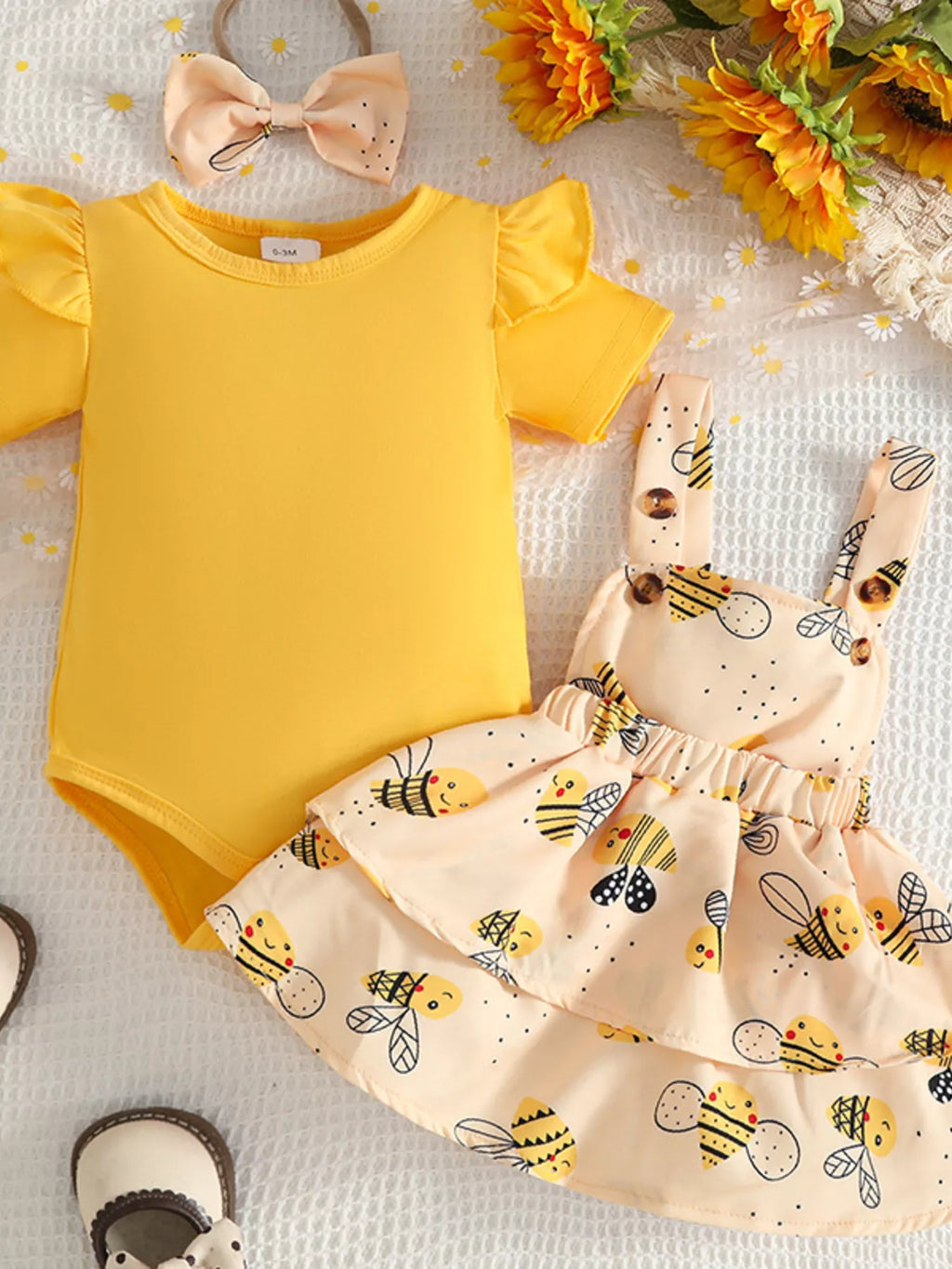 “Baby girl bee print dress set with matching headband”