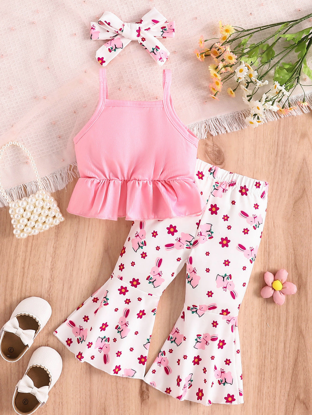 “Pink baby girl outfit with ruffle tank and flare pants