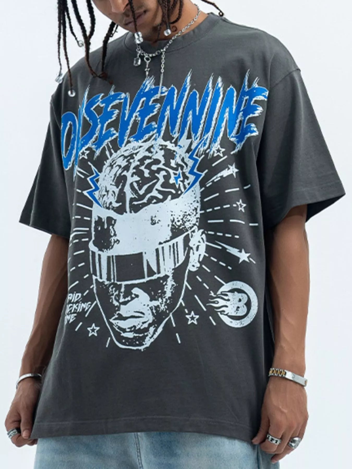 Close-up of graphic print on men's relaxed cotton t-shirt