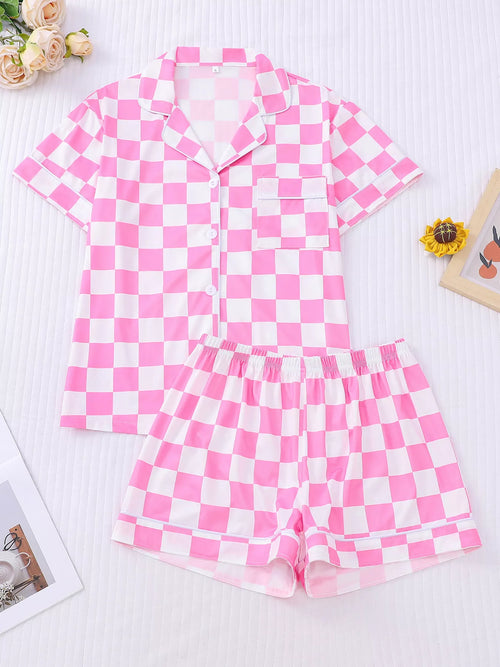 Women's pink checkered print button-up top and shorts lounge set, front view