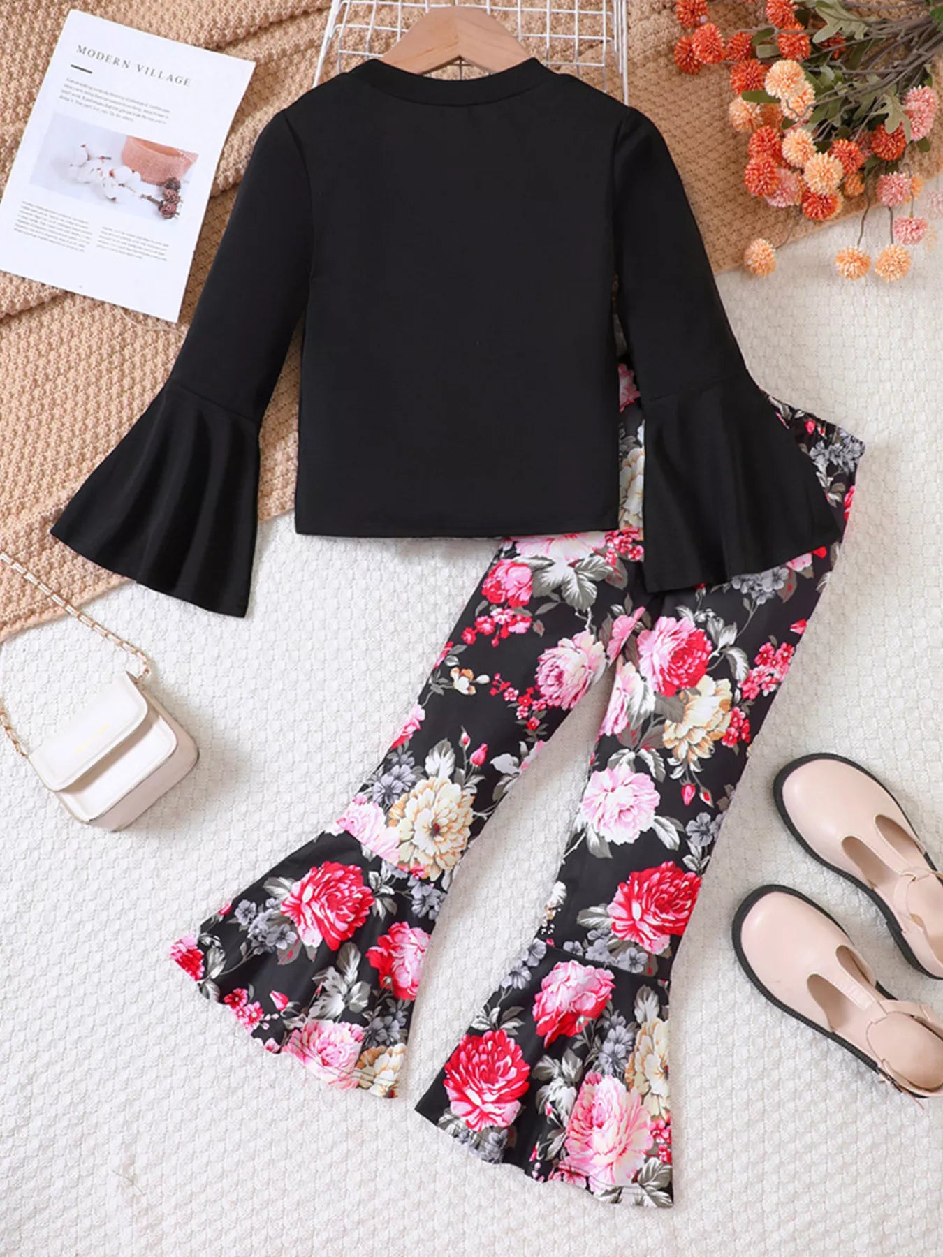 “Kids floral flare pants and top outfit in black”