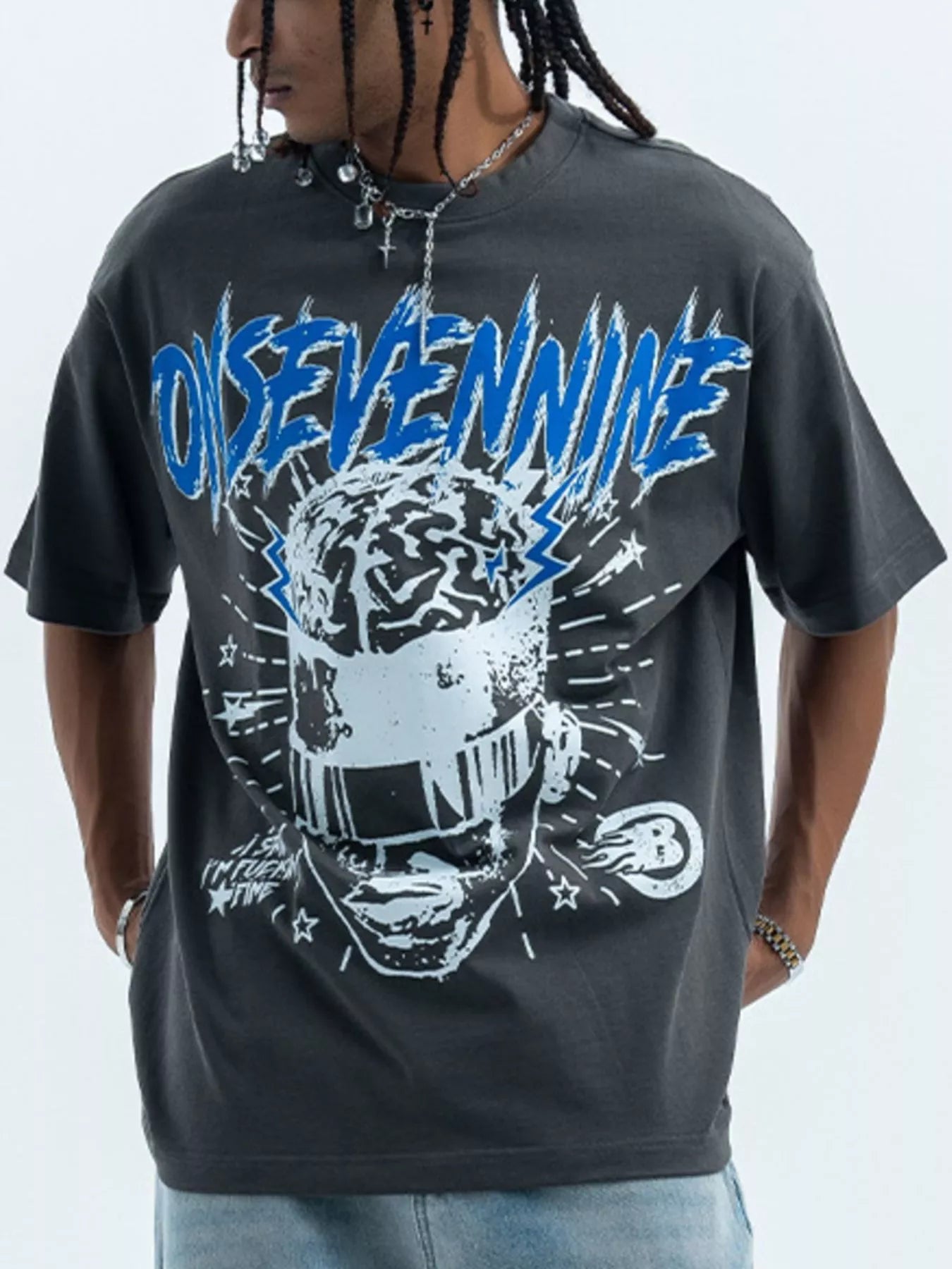 Men's white oversized relaxed fit graphic t-shirt, front view