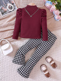 “Kids houndstooth pants outfit with long sleeve top, 2‑piece set