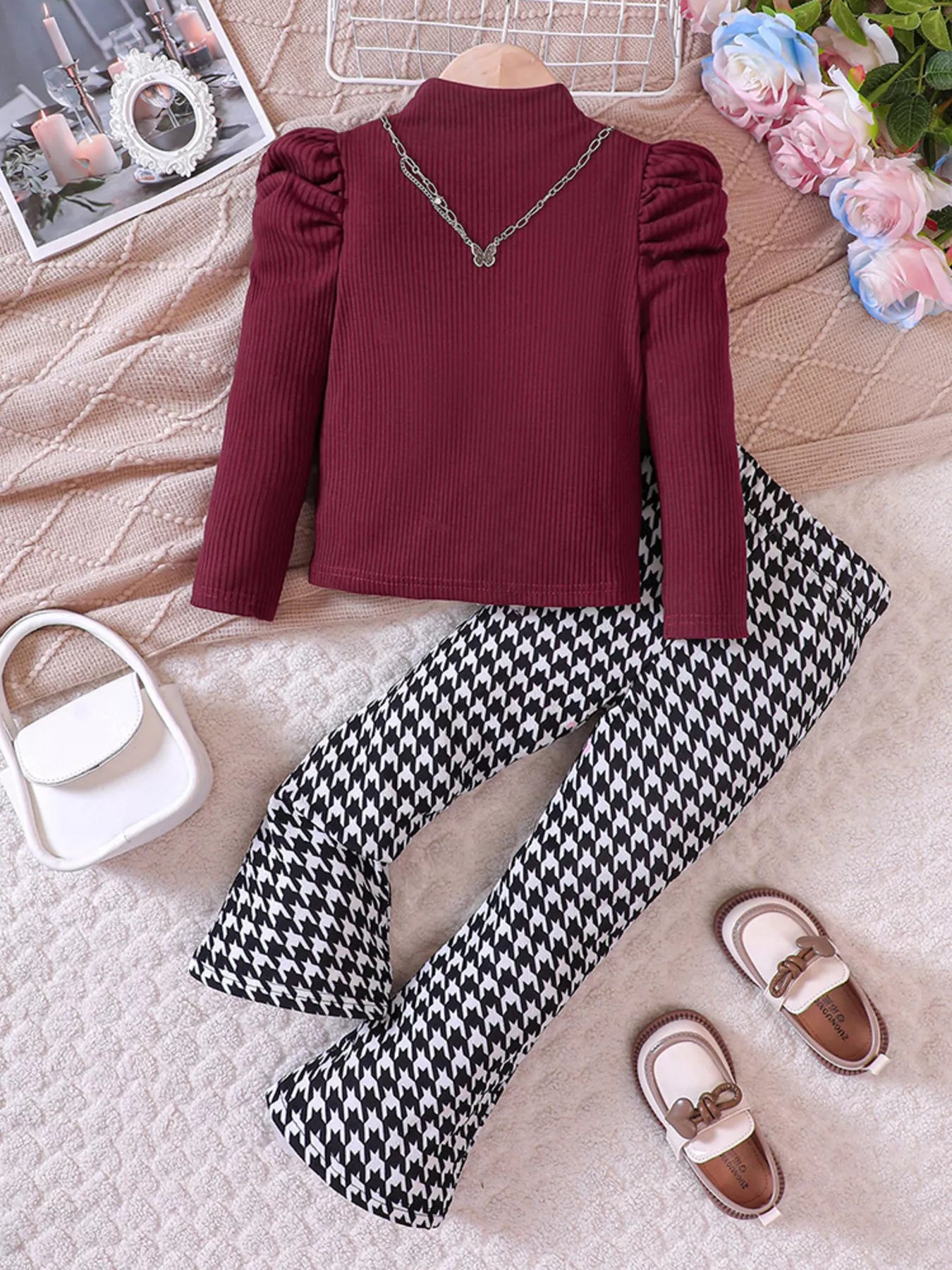“Kids houndstooth pants outfit with long sleeve top, 2‑piece set