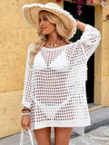 Women's white crochet knit beach cover-up with slit, front view
