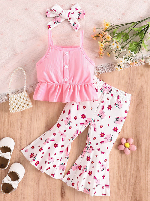 “Baby girl ruffle tank and floral flare pants outfit with headband